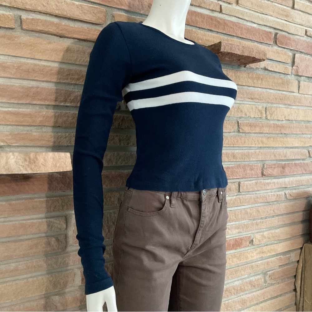 Brandy Melville Vintage Y2K Long Sleeved Cotton Top Navy Blue White Stripe